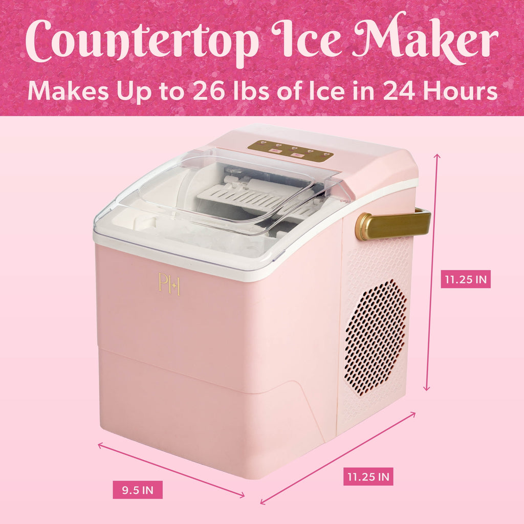 Paris Hilton Portable Ice Maker, Compact Countertop Ice Machine with Scoop, 26 lbs/Day, Pink