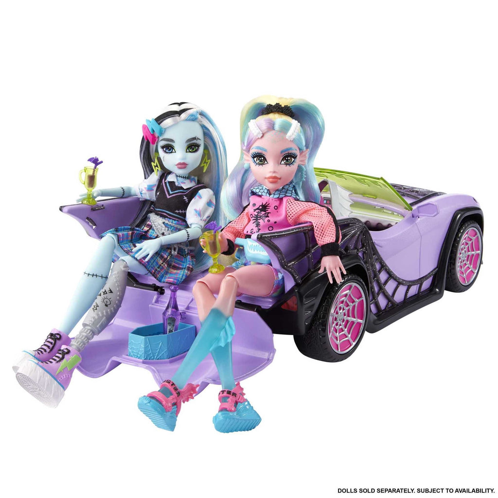 Monster High Ghoul Mobile Toy Car, Purple & Spiderweb Convertible with Pet, Seats 4 Dolls (Dolls Not Inluded)