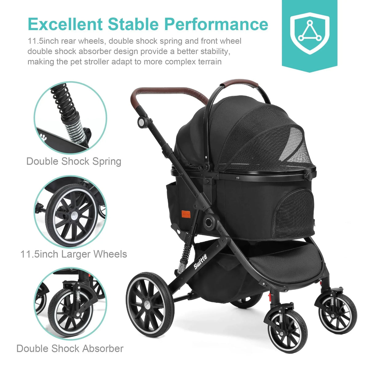 SWITTE 3-In-1 Foldable Pet Stroller With 4 Wheels, Black