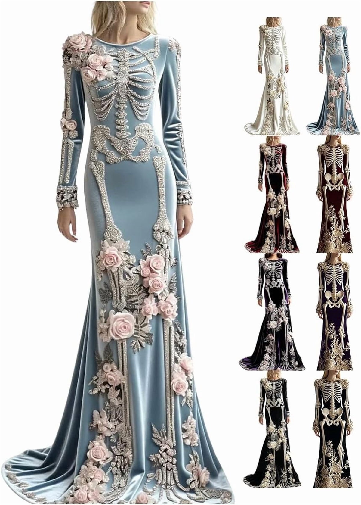 Women Skeleton Dress 3D Print Velvet Floral Long Sleeve Halloween Costumes, Skeleton Costume for Women Cosplay Party