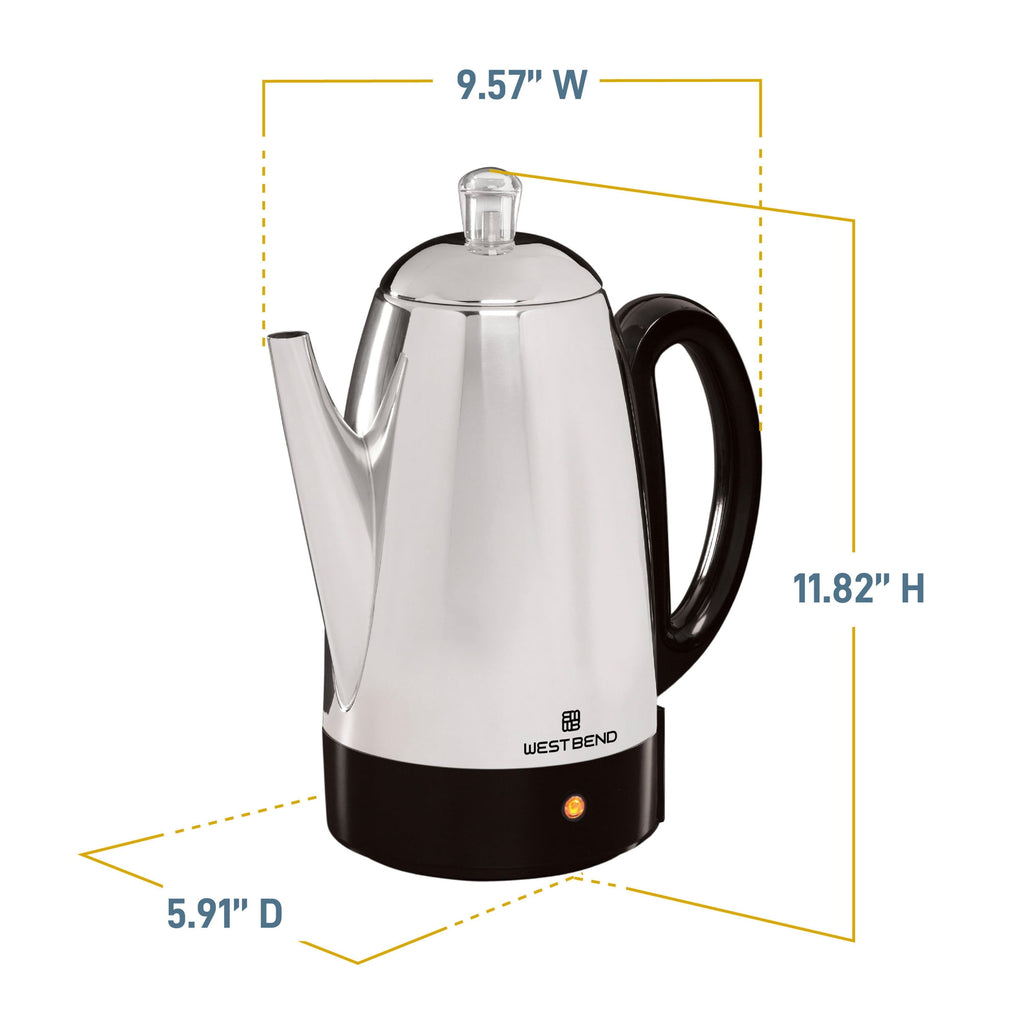 West Bend Classic 12-Cup Coffee Percolator, Cordless Serving, Ready-to-Serve Light, Stainless Steel, in Silver (54159)