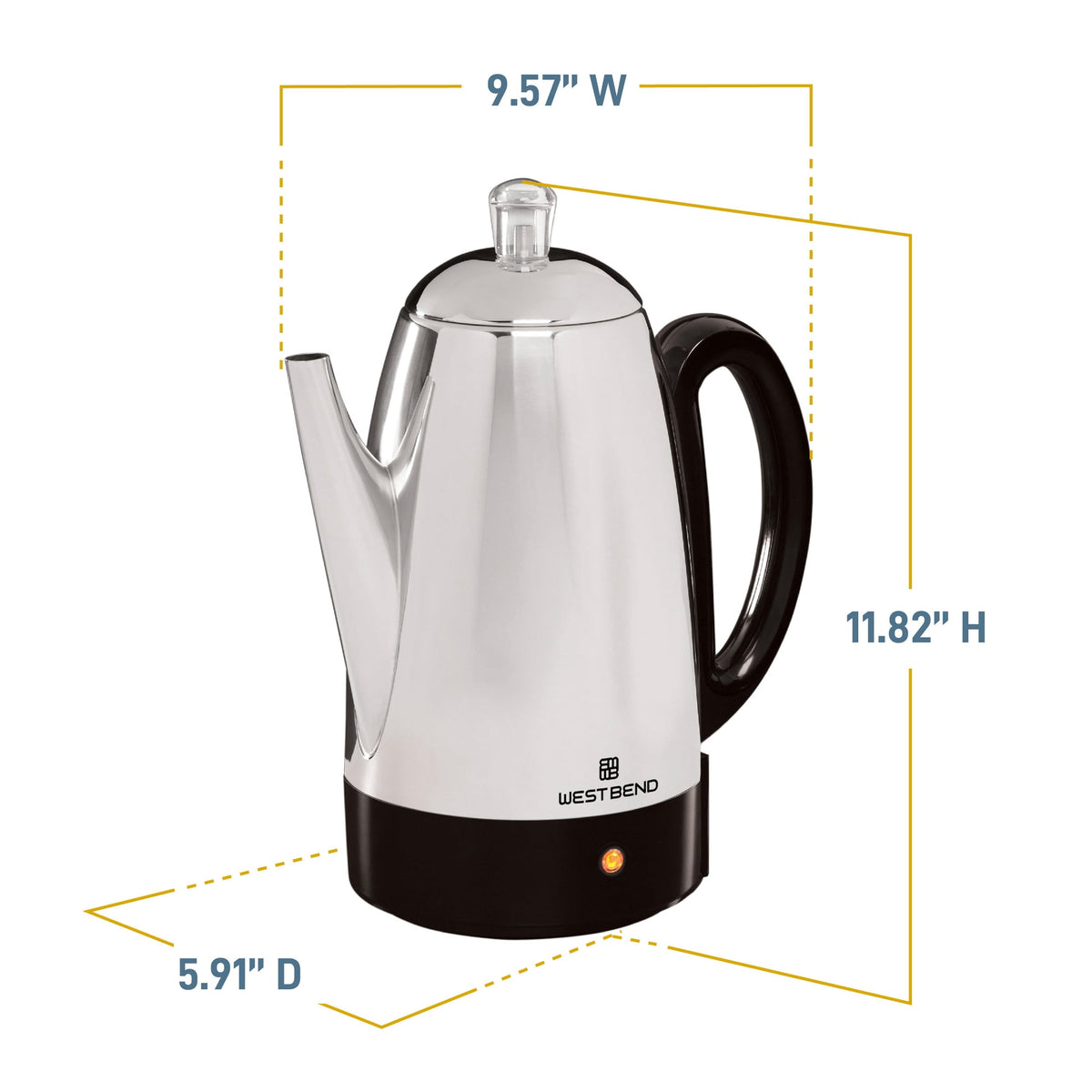 West Bend Classic 12-Cup Coffee Percolator, Cordless Serving, Ready-to-Serve Light, Stainless Steel, in Silver (54159)