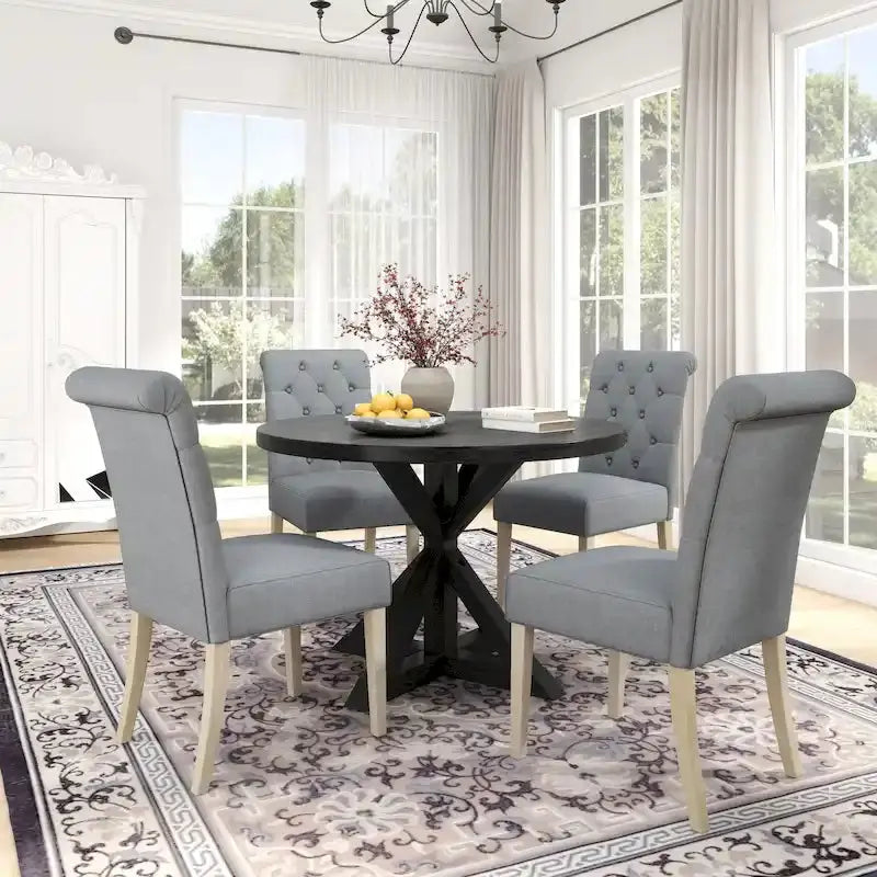 Rustic Wooden 5-Piece Dining Set With Round Cross-Buck Pedestal Table And 4 Tufted Upholstered Chairs - 47.25 x 47.25 x 31.50 in