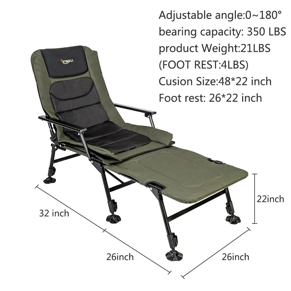 VINGLI Oversized Fishing Chair With Footrest Support, 440 lbs, 160 Degree Adjustable Backrest, Black & Army Green