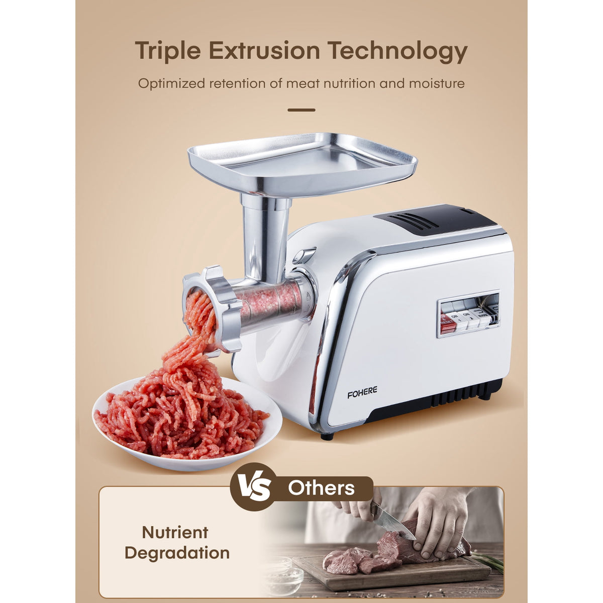 FOHERE Electric Meat Grinder Heavy Duty 3000W Max 5 in 1 Sausage Stuffer with 4 Stainless Steel Plates & 3 Blades, Sausage Kubbe Kit for Home &