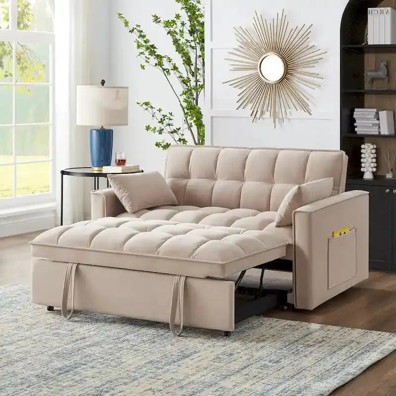 Tufted Loveseat Sofa Bed - Pull-Out Sleeper With Adjustable Backrest And Storage Pockets