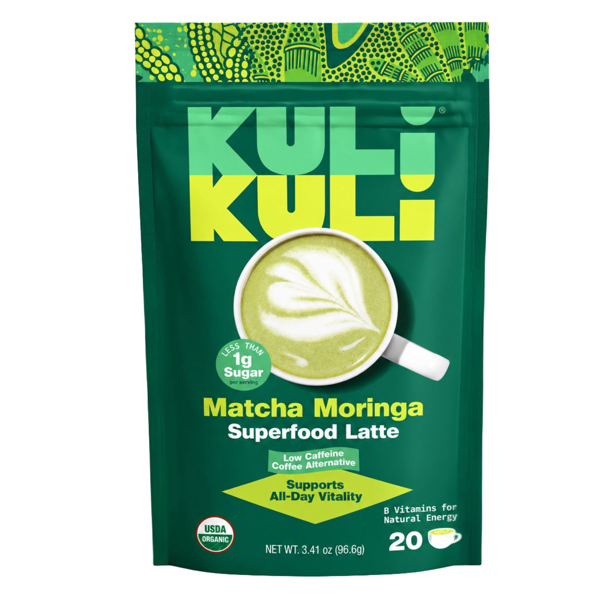 6 pack) Kuli Kuli Organic Matcha Green Tea Moringa Latte, Lion's Mane, Low-Caffeine, 3.41 oz