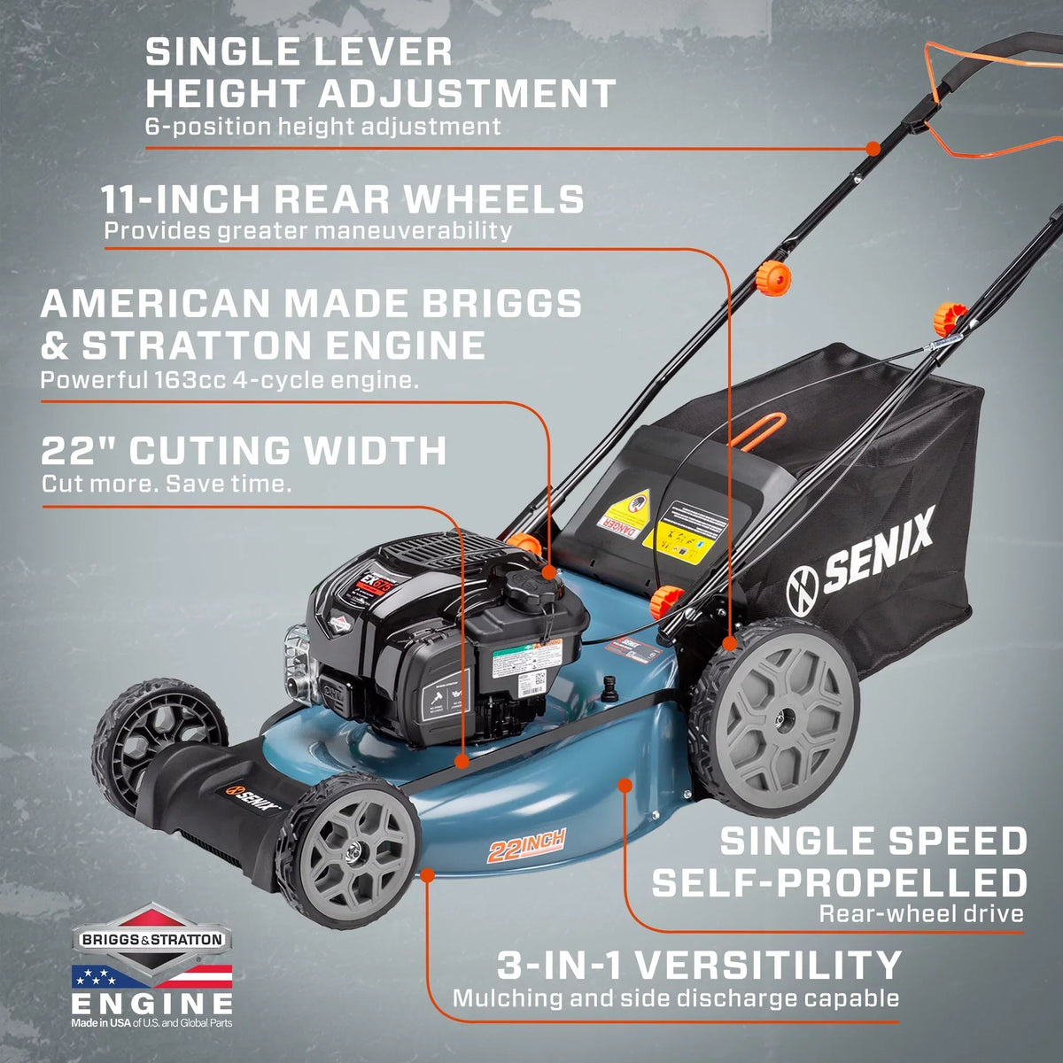 SENIX 22-Inch 163 cc 4-Cycle Gas RWD Self-Propelled Lawn Mower With 11-In Rear Wheels - LSSG-H1