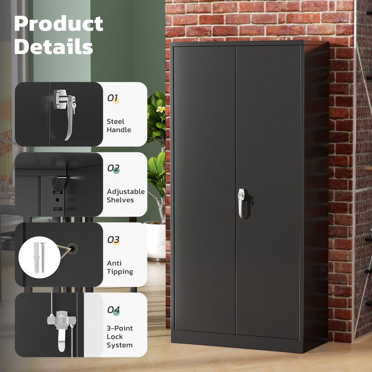 SUNCROWN 71 In Metal Storage Garage Cabinets with Locking Doors and Adjustable Shelves, Steel Storage Cabinet for Garage, Office, Classroom, Assemble