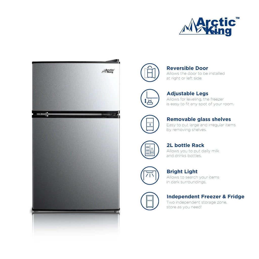 Arctic King Two-Door Mini Fridge With Freezer, 3.2 Cu. Ft., Stainless Steel
