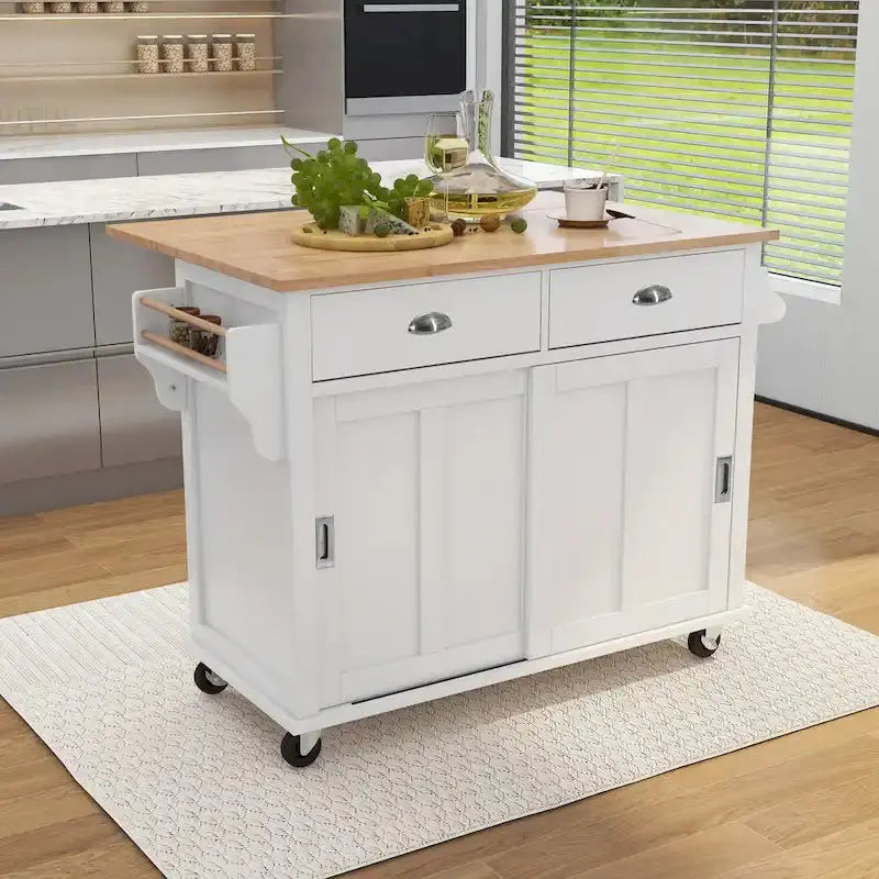Rubberwood Kitchen Island Cart With Drop-Leaf Countertop, Concealed Barn Door Storage And 4 Locking Casters - 52.2 x 30.5 x 36.6 Inches