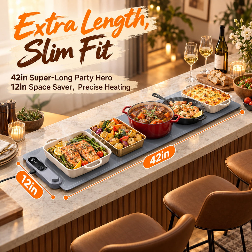 FEPPO Electric Warming Tray, Extra-Long 42" x 12", Fast Full-Surface Heating Warming Mat for Food with 19-Level Adjustable Temperature & 6-Hour Timer