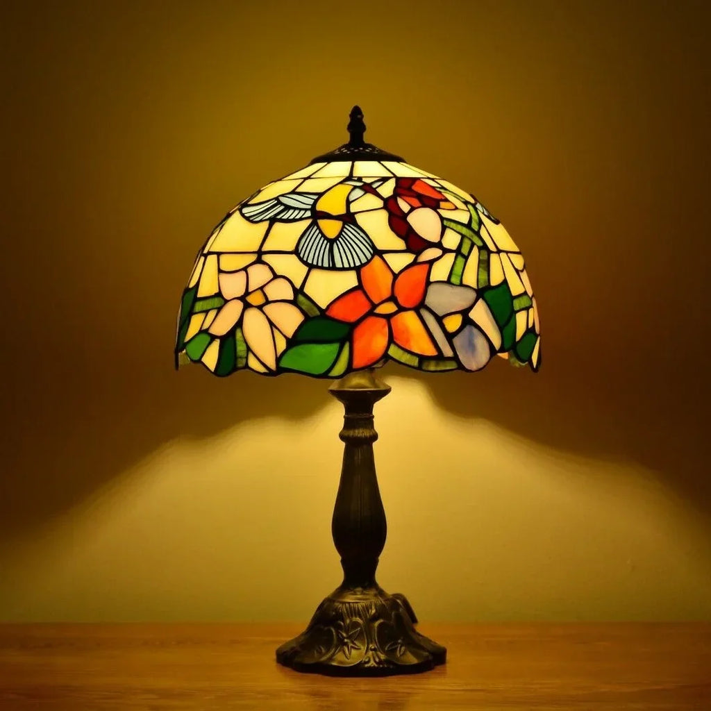 Tiffany Style Stained Glass Hummingbird Table Lamp 12in Shade, 18in Tall