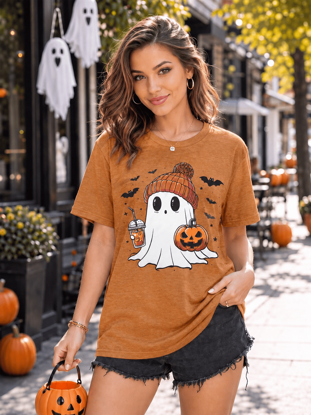 KimSoong Women Halloween T-Shirt Cute Ghost Fall Pumpkin Graphic Shirt Coffee Lover Tees Short Sleeve Tops
