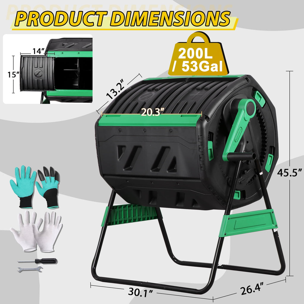 HomGarden 53-Gal Composting Tumbler Dual Chamber Rotating Compost Bin W Sliding Doors & Handle, BPA Free for Outdoor Garden