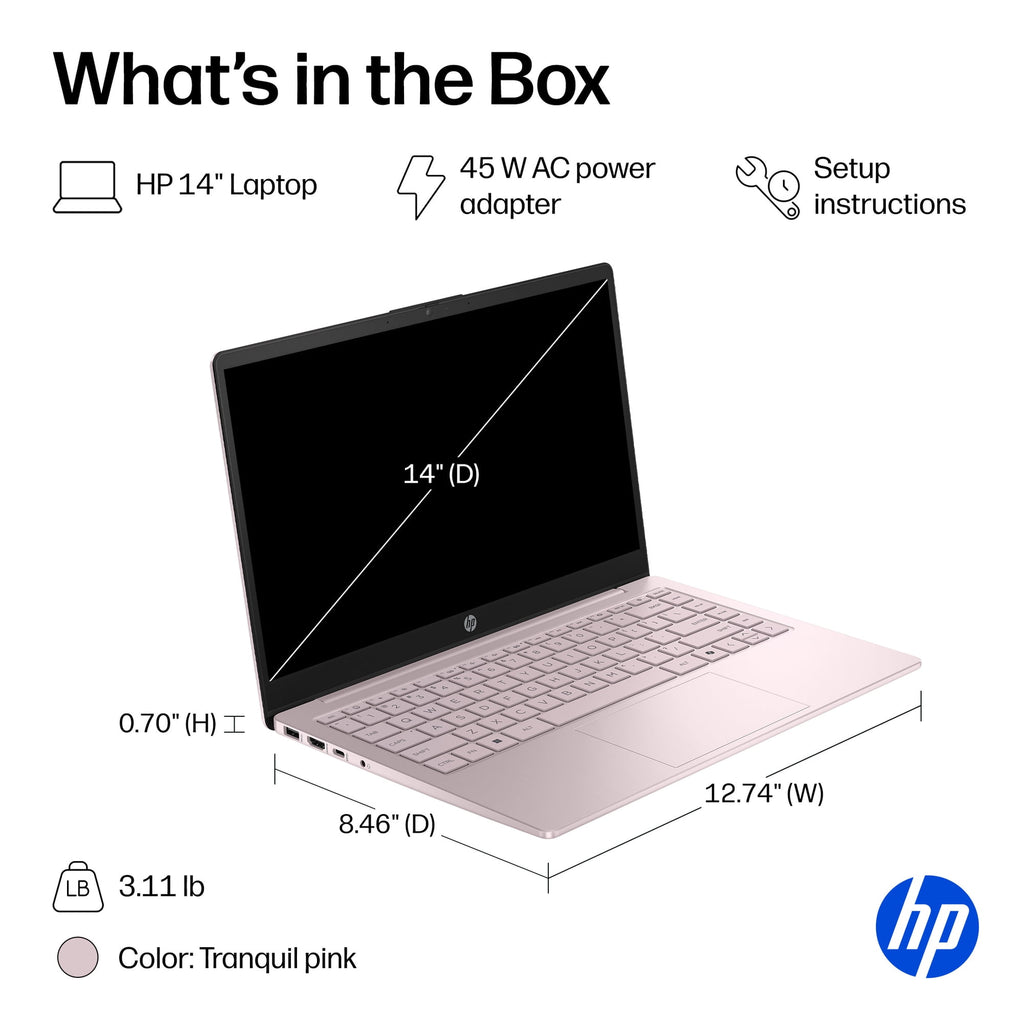 HP 14-inch HD Windows 11 Laptop, Intel N150, 4GB RAM, 128GB Storage, Tranquil Pink, 14-ep2111wm