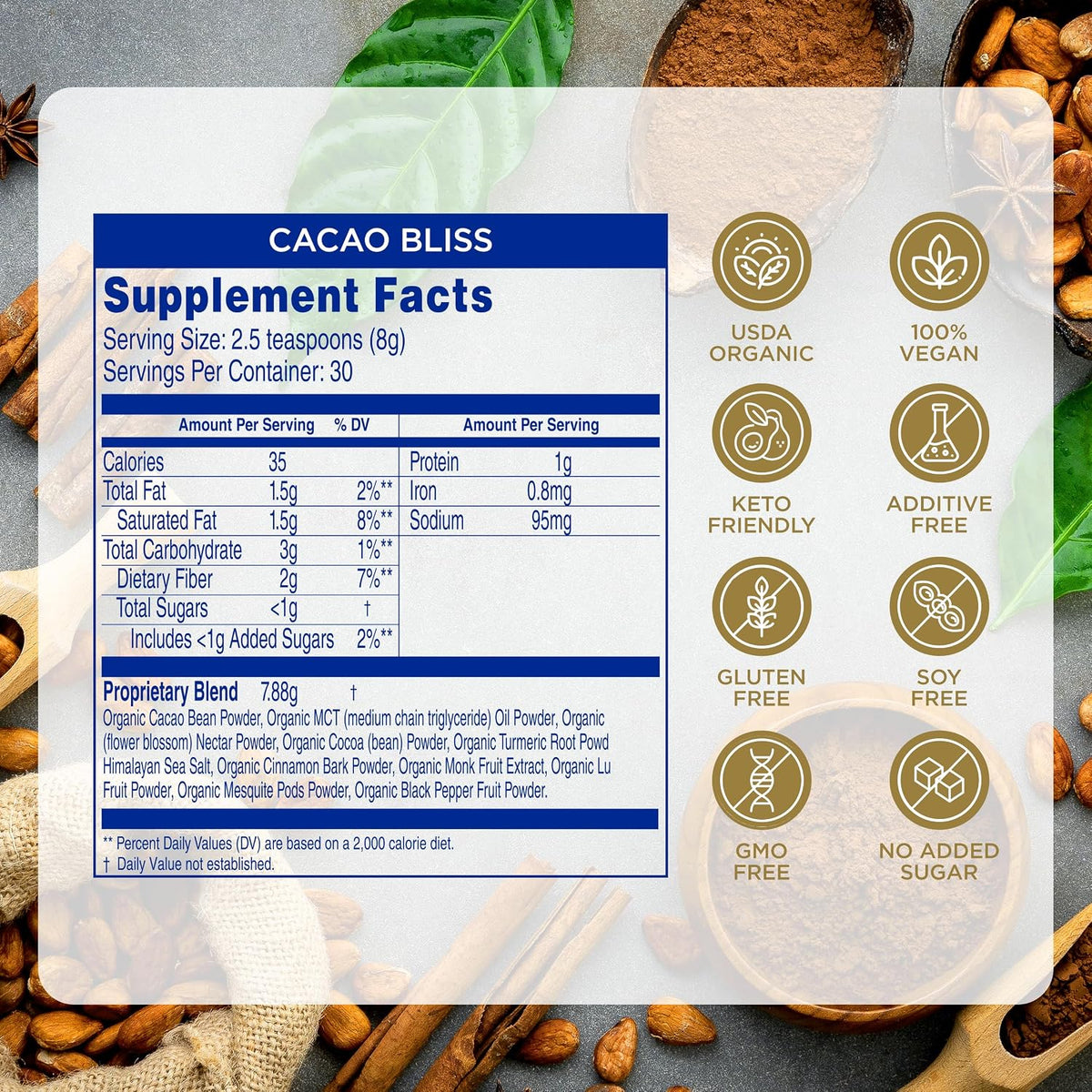 Earth Echo Cacao Bliss, Organic Cacao Powder Drink Mix, 30 Servings