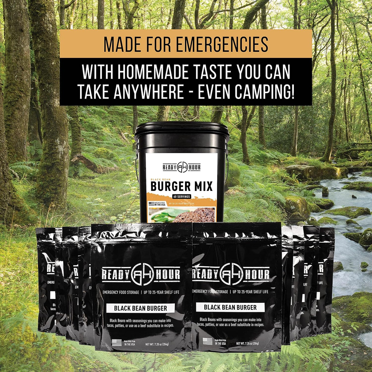 Ready Hour, Black Bean Burger Mix, Real Non-Perishable Recipe, 25-Year Shelf Life, Emergency and Adventure Food Supply, Includes 10 Resealable