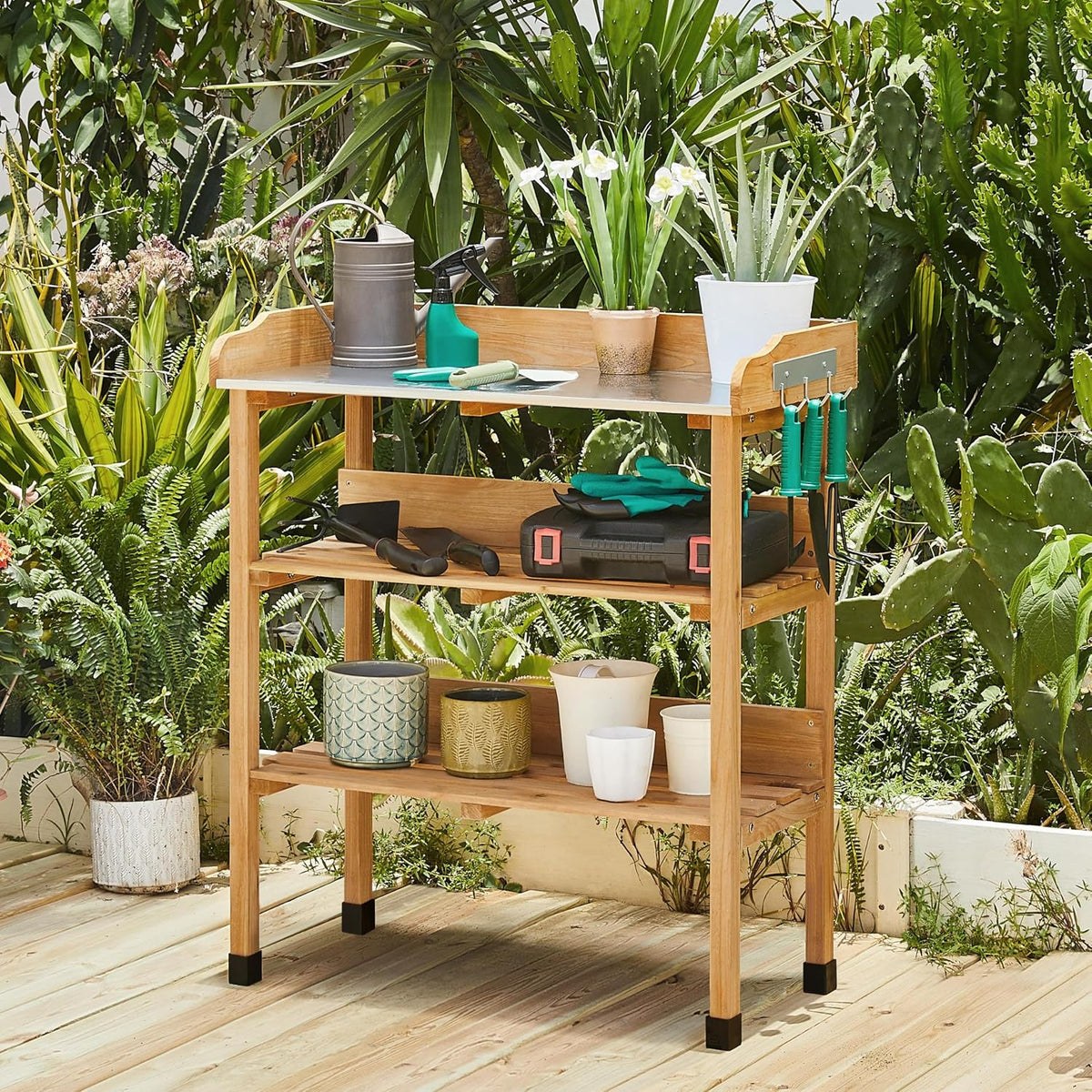 Yaheetech Potting Bench Outdoor Console Table w/3-Tier Storage,Natural Wood