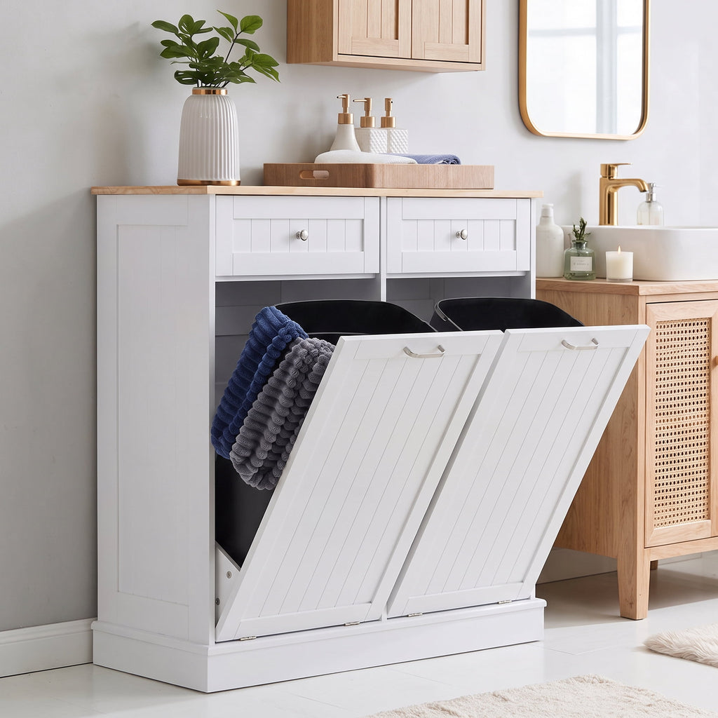 AHB Double Tilt Out Trash Cabinet with Drawers and Handles, Fits Two 13 Gallon Trash Bins, Kitchen Trash Can Storage Organizer, 40"L x 13"W x 36"H