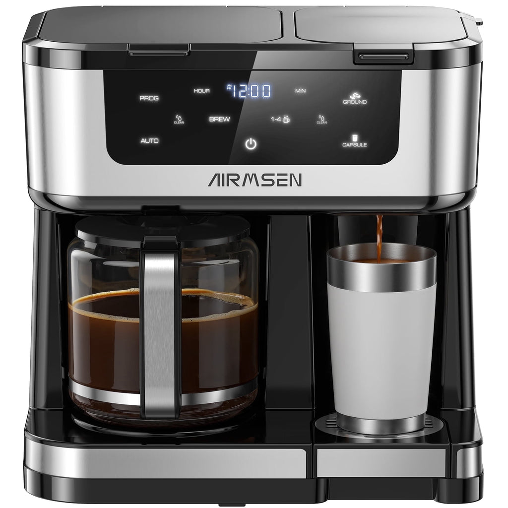 AIRMSEN 12-Cup Drip Coffee Maker with K Cup Combo, Programmable Coffee Machine with 1-4 Cup Setting, Single Serve or Coffee Pot, Auto Shut-off, Spill