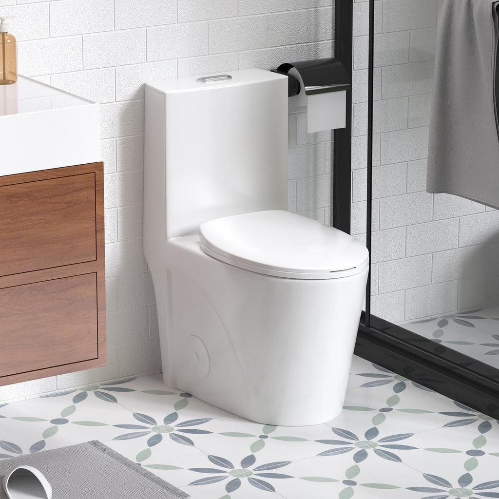 Alvantor One-Piece Toilet, 1.1/1.6 GPF Powerful Dual Flush Elongated Toilet, Soft Closing Seat White