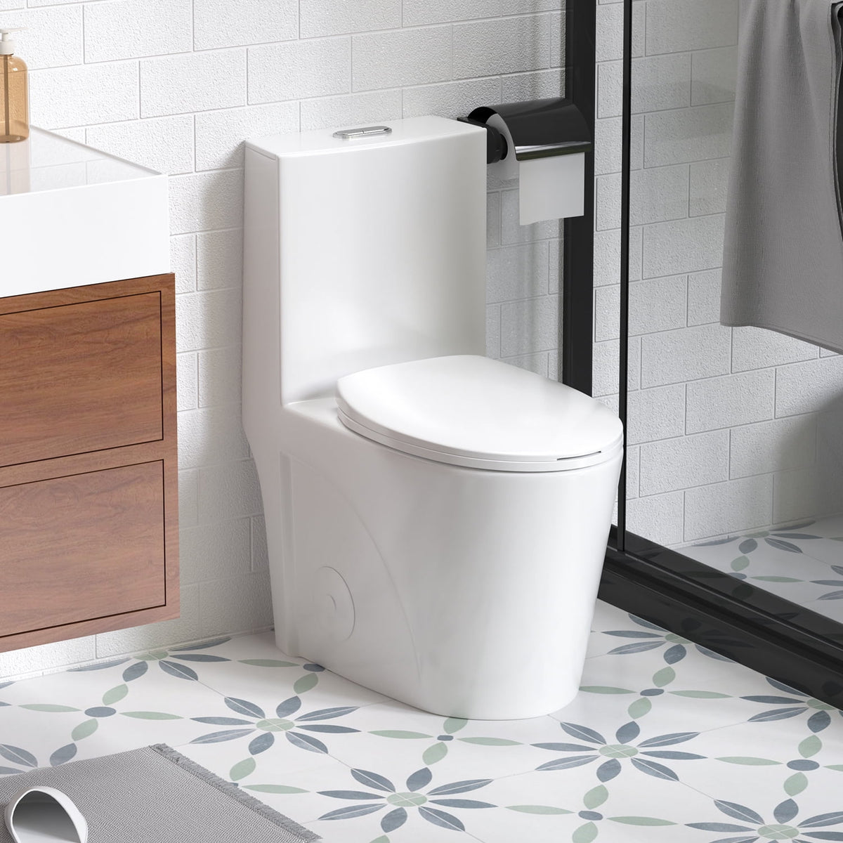 Alvantor One-Piece Toilet, 1.1/1.6 GPF Powerful Dual Flush Elongated Toilet, Soft Closing Seat White