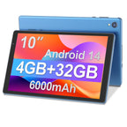 Android Tablet, 10 inch Android 14 Tablet, Quad-core CPU, RAM 4GB（2G+2G）, ROM 32GB (Up to 1TB), 800x1280 IPS, WiFi 6, 2MP+2MP, 6000mAh, Blue