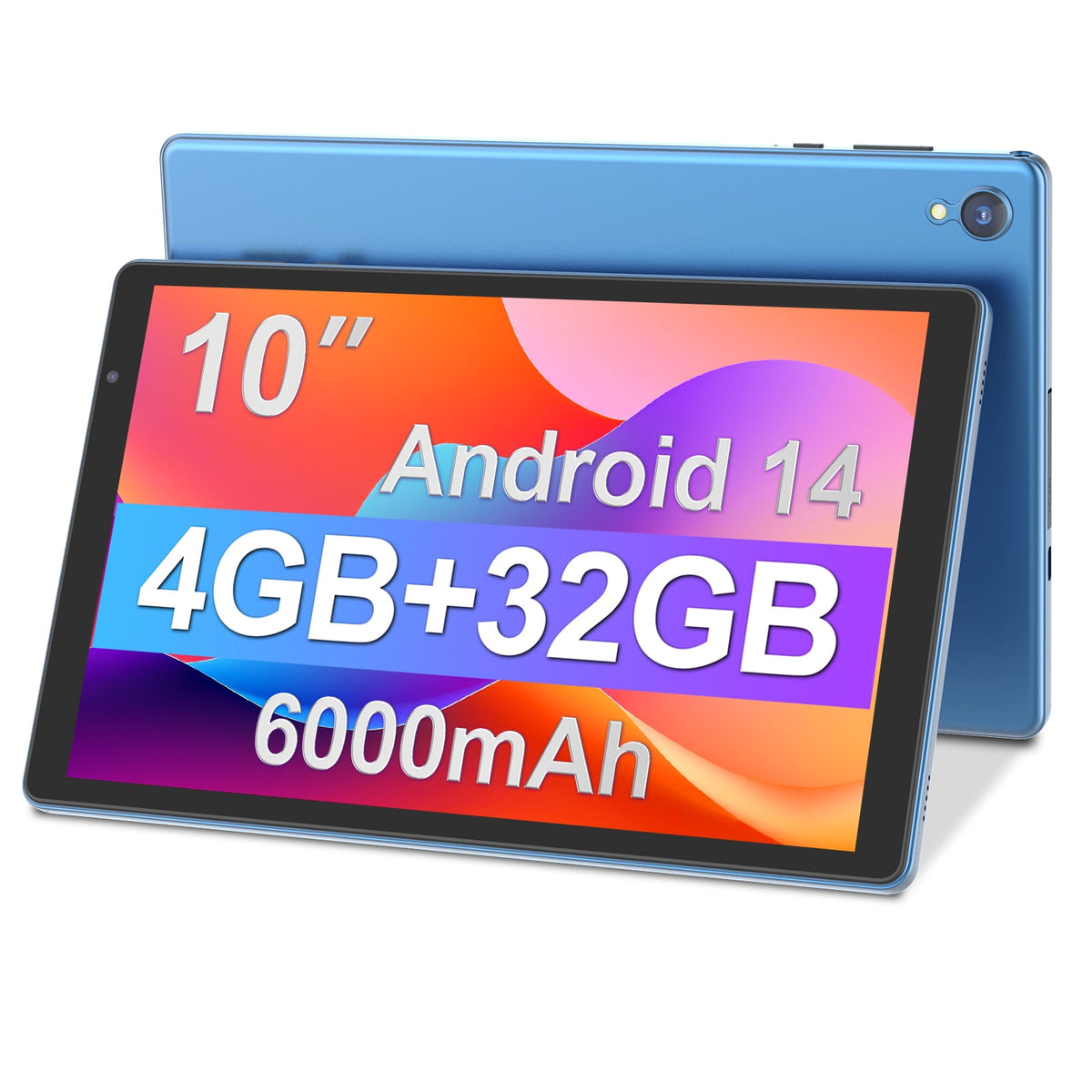 Android Tablet, 10 inch Android 14 Tablet, Quad-core CPU, RAM 4GB（2G+2G）, ROM 32GB (Up to 1TB), 800x1280 IPS, WiFi 6, 2MP+2MP, 6000mAh, Blue
