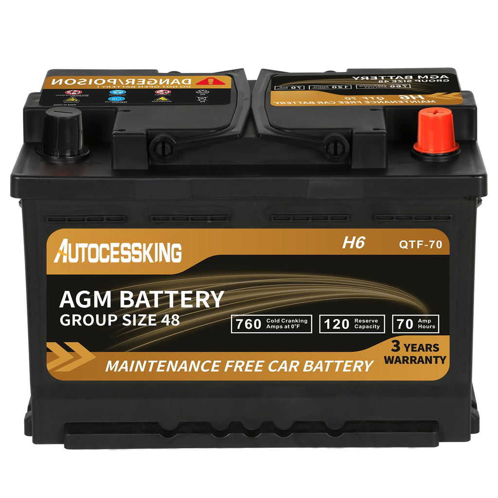 Autocessking Platinum AGM Battery, Group 48 Rechargeable Automotive Batteries for Car, 12 Volt H6 760CCA 70Ah 120RC