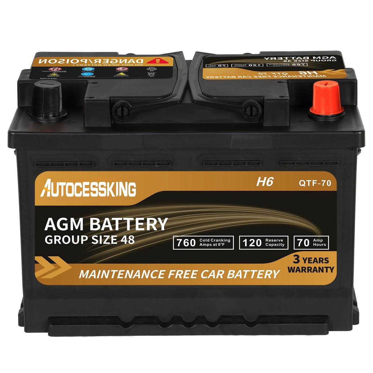 Autocessking Platinum AGM Battery, Group 48 Rechargeable Automotive Batteries for Car, 12 Volt H6 760CCA 70Ah 120RC