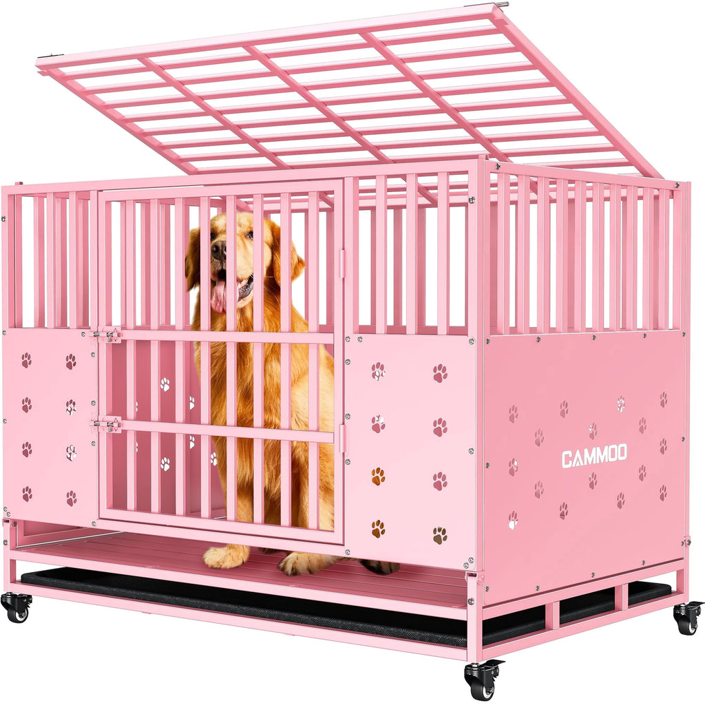 CAMMOO 48" Foldable Heavy Duty Dog Crate Cage for Large Dogs,XL Dog Kennel Indoor,4 Lockable Wheels,Widened Floor Panel,Adjustable Internal Height