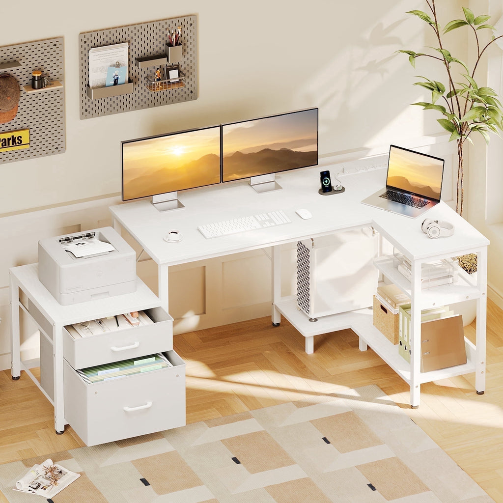 Casacomoda L Shaped Desk with Power Outlets, Large Computer Desk with File Drawer, Home Office Desk with Printer Stand & Storage Shelves, Corner Desk