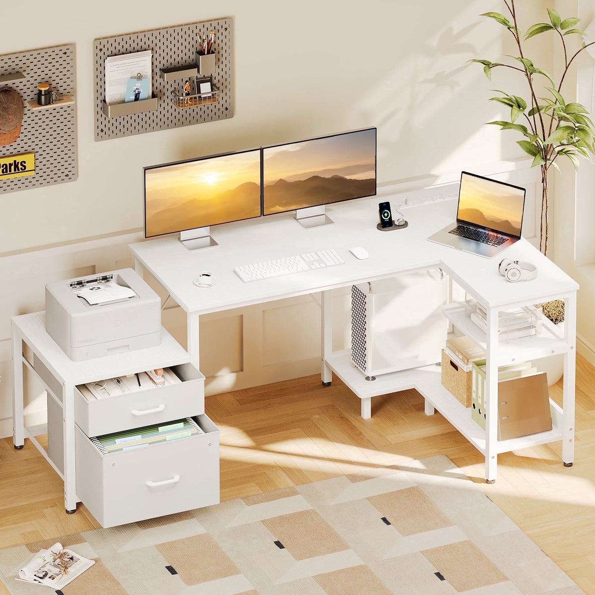 Casacomoda L Shaped Desk with Power Outlets, Large Computer Desk with File Drawer, Home Office Desk with Printer Stand & Storage Shelves, Corner Desk