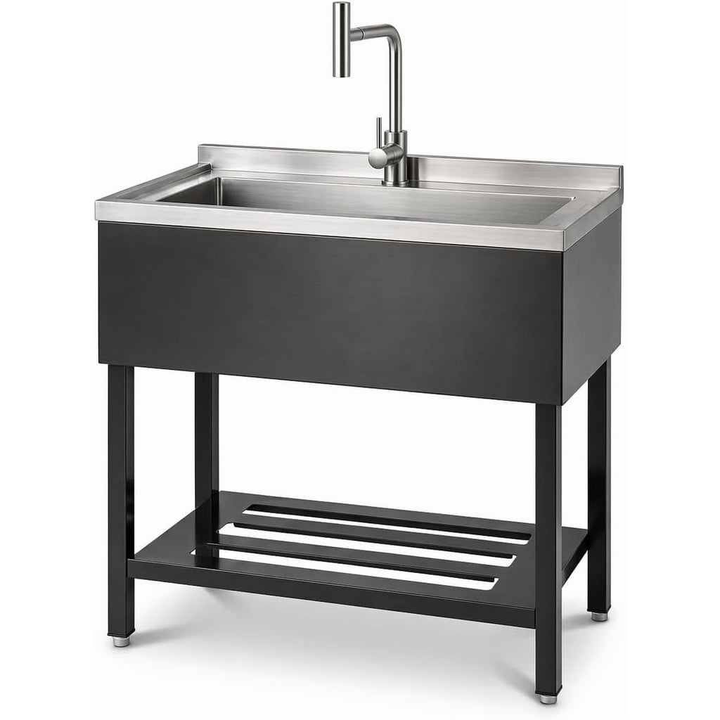 Commercial Stainless Steel Utility Sink, Heavy-Duty Freestanding Basin with Pull-Down Faucet for Garage Laundry Workshop, Silver/Black
