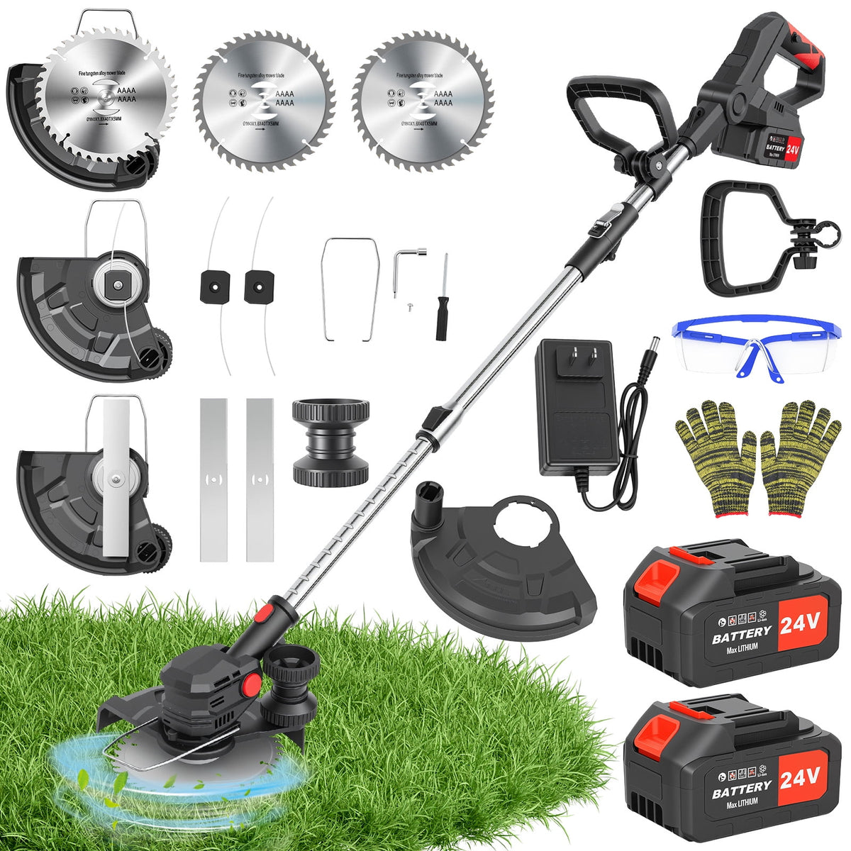 Electric Cordless Weed-Eater, 4.0Ah Cordless Weed Wacker String Trimmer, 24V Grass Trimmer with 2 Battery, Charger Included