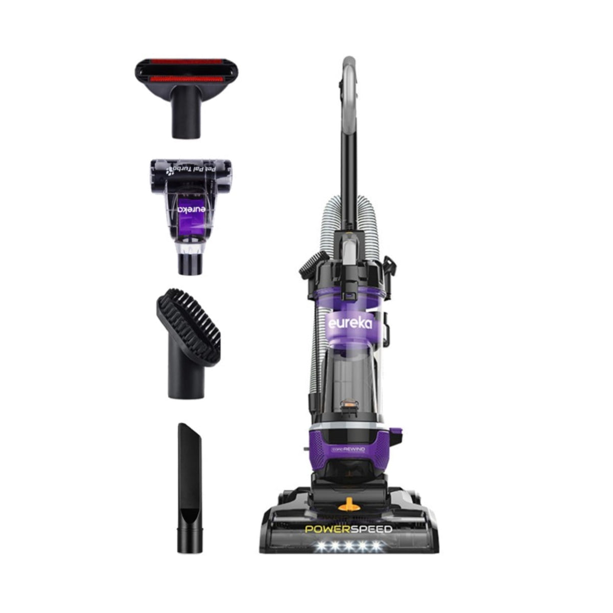 Eureka PowerSpeed Multi-Surface Upright Vacuum Cleaner with Cord Rewind, Turbo Pet Tool, Crevice Tool, Dusting Brush and Upholstery Brush, Purple