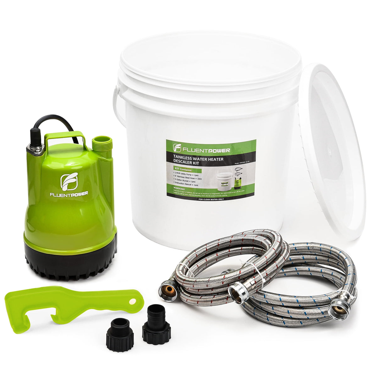 FLUENTPOWER Tankless Water Heater Descaling Kit, 1/4 HP Pump, 4 Gallon Bucket