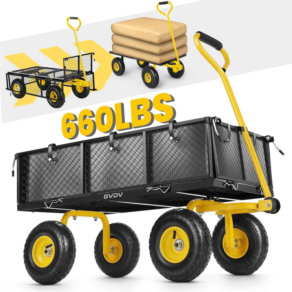 GVDV Heavy Duty Steel Garden Cart with Liner, 40" x 20", 660lbs Capacity, 10" Wheel, Utility Cart for Yard Work Hauling and Outdoor Use, Black/Yellow