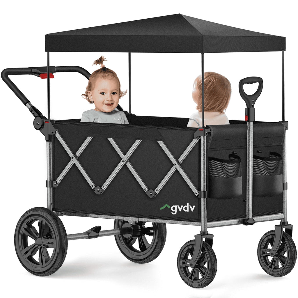 GVDV Wagon Stroller for Kids, 3-in-1 Collapsible Double Stroller Wagon for Toddlers with Removable Canopy, 5-Point Harness, Pull & Push Handle and