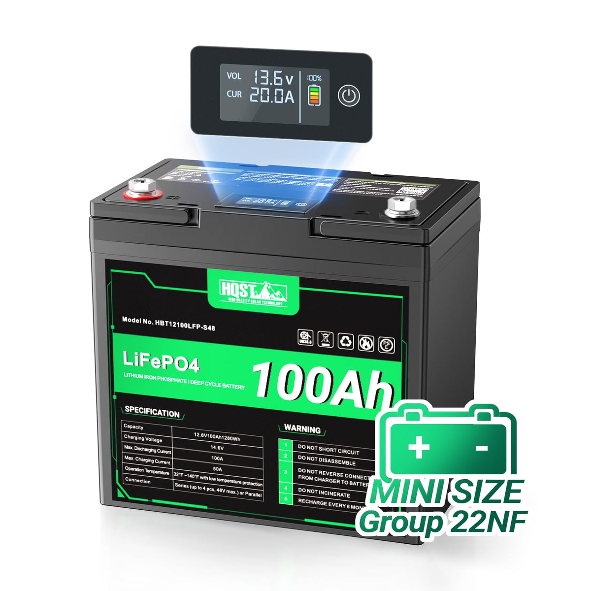 12 Volt 100Ah Lithium Iron Phosphate Battery with LED Meter, LiFePO4 Battery, 10 Year Lifetime, Low & High Temp Protection