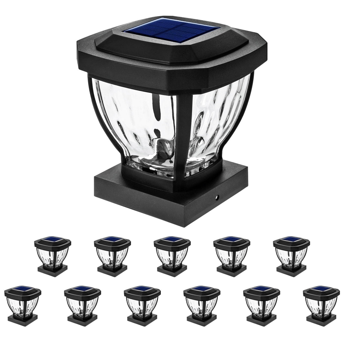 Home Zone Security Solar Post Cap Lights - Decorative Glass LED Outdoor Fits 3.5 x 3.5 in. Post Lights, Black (12-Pack)