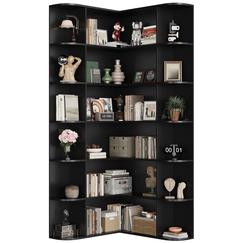 Homfa 73.9” Tall Corner Bookshelf, 6 Tier L-Shaped Large Display Bookcase with Curved Edges for Living Room Home Office Study, Black