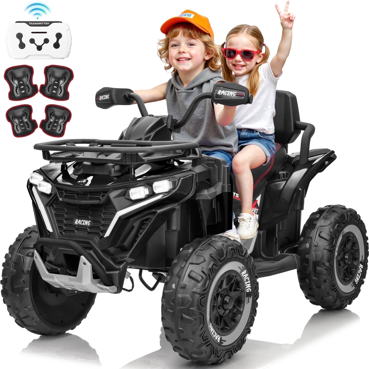Joyracer ATV for Kids, 24 Volt Ride on Toys, 800W 4 Wheeler with 2 XL Seater, EVA Tires Power Car Wheels with Remote, Knee Pad, Music, Bluetooth, USB