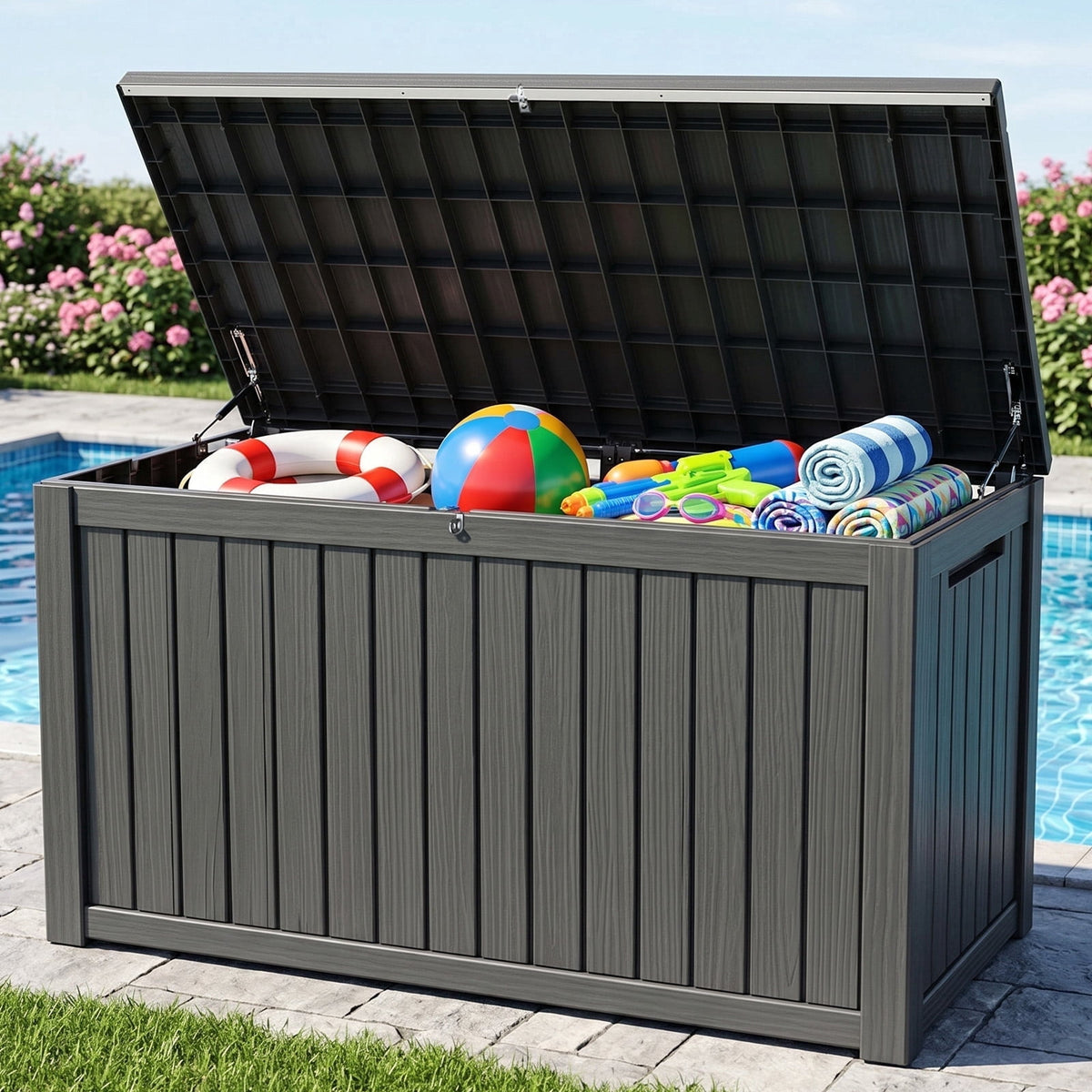 Kdymod Deck Box Outdoor Storage 200 Gallon,Resin Deck Boxes Outdoor Waterproof UV Resistant with Hundles,Outside Lockable Toy Storage for Pool ,Patio