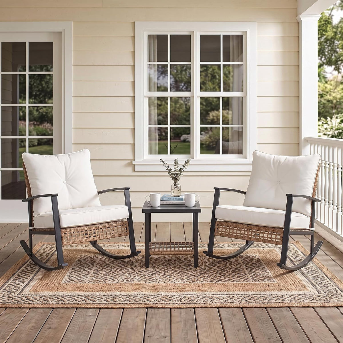 LAUSAINT HOME 3 Pieces Patio Outdoor Conversation Set with 2-Tier Coffee Table, PE Wicker Rocking Chairs with Beige Cushions