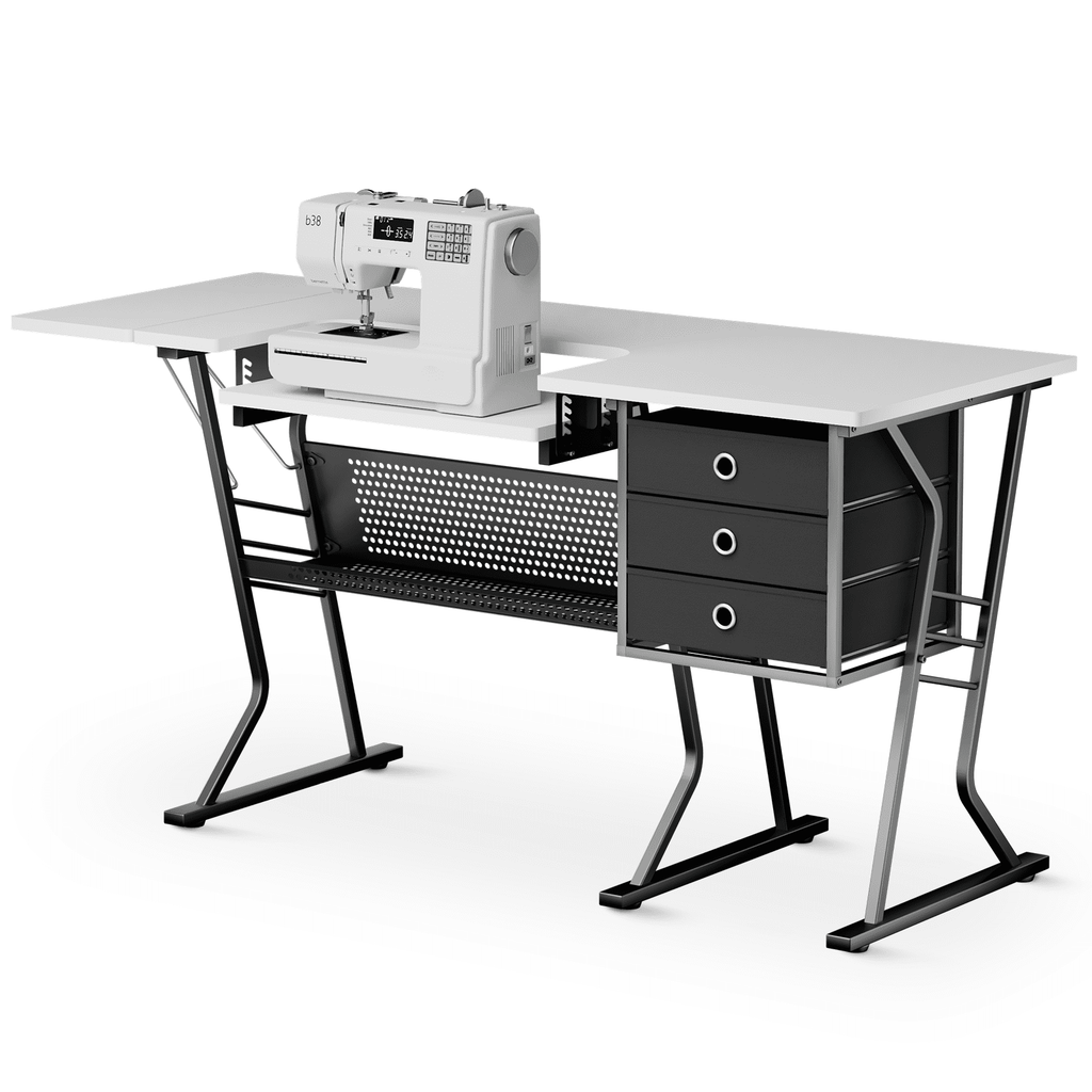 Magshion Sewing Machine Table with Fold-Down Top, Height Adjustable Platform Craft Table with Storage Shelves & Drawers, White