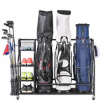 Mythinglogic Golf Bags Storage Rack with Wheels, Holds 3 Bags, Garage Organizer