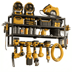 Riousery Power Tool Organizer Wall Mount, 4-Tier Heavy-Duty Carbon Steel Storage Rack with 8 Drill Holders, 3 Side Hooks, 350 LBS Capacity