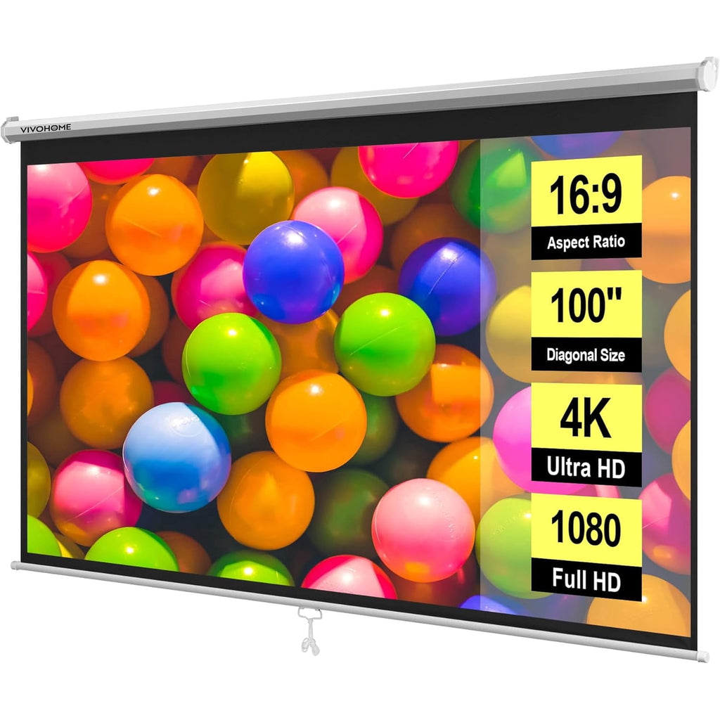 SPECSTAR 100 inch Manual Pull Down Projector Screen, 16:9 HD Retractable Projector Screens with Auto Locking for Movie Home Theater Cinema Office